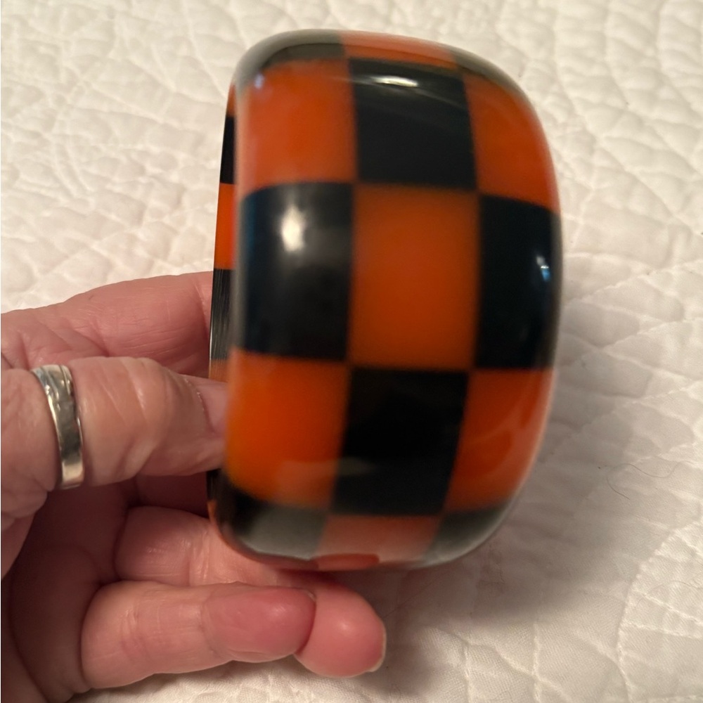 Vintage  Orange and Black Checkered Bangle super wide wonderfully whimsical